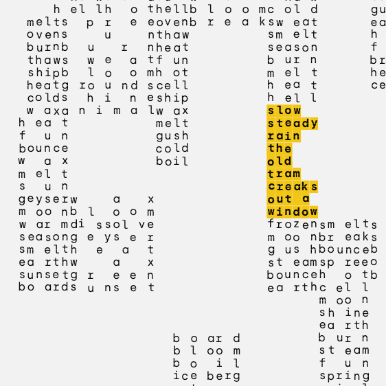 an image of a number of words, seemingly unrelated, going vertically down the screen. Highlighted in yellow are the words 'slow steady rain the old tram creaks out of a window'