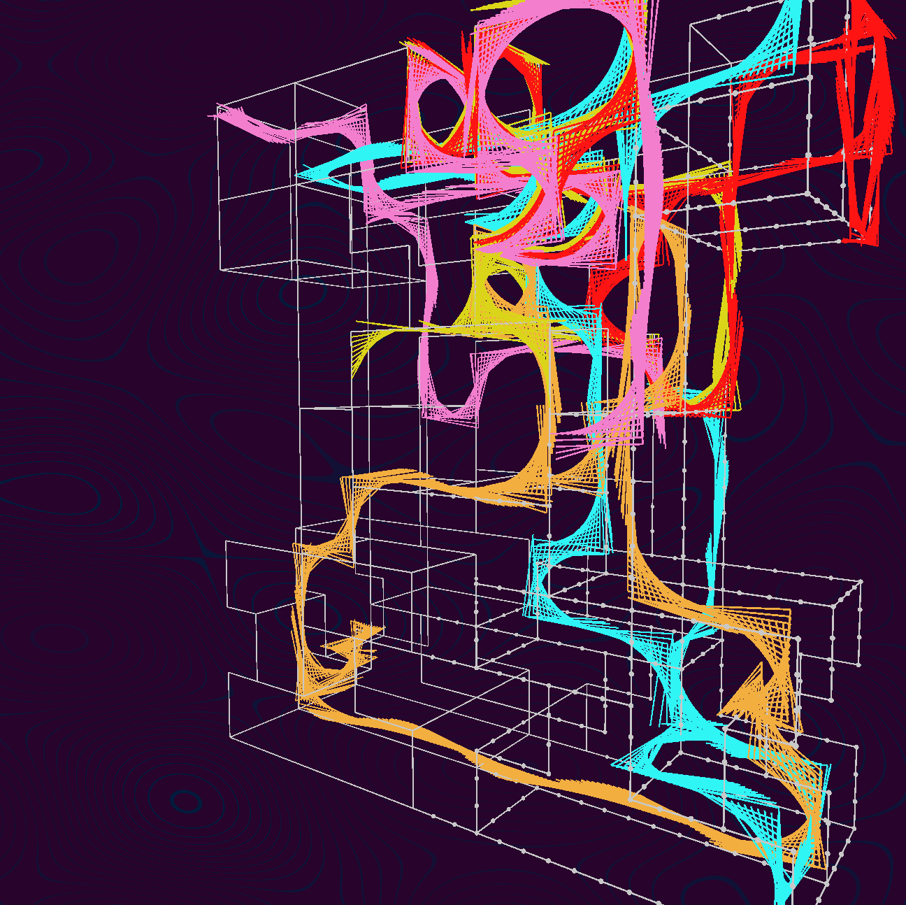 A number of pink, yellow, red, green, blue, and orange paths traveling through a three-dimensional maze outlined in white, that replicate different paths the ghosts and the character of Pac-Man can take in the Pac-Man arcade game.